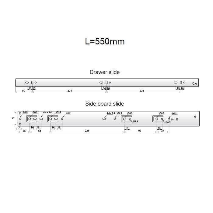 Drawer runners soft-close 550mm - H45 (right and left side)