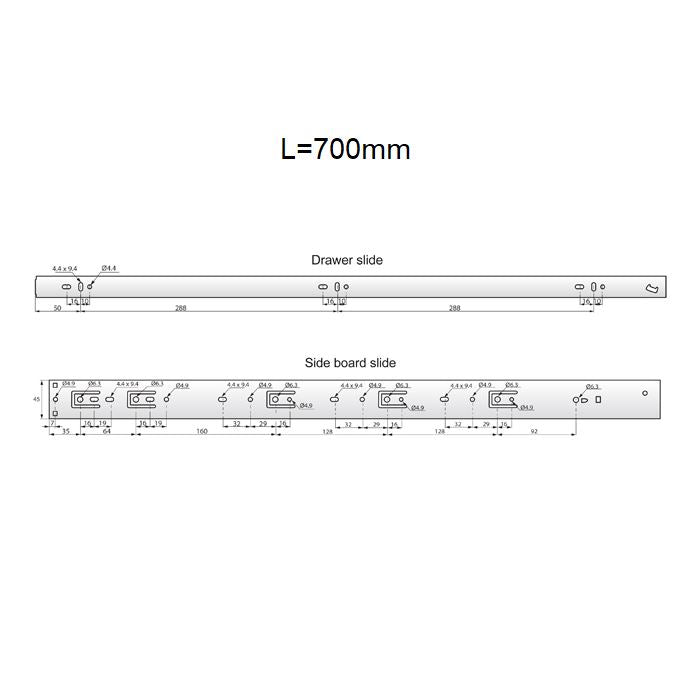 Drawer runners soft-close 700mm - H45 (right and left side)