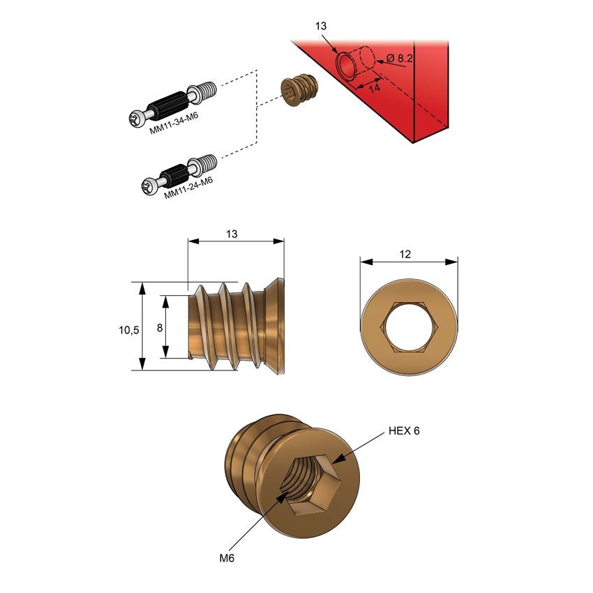 M6 threaded insert 10x13mm - 1000 pcs NTP