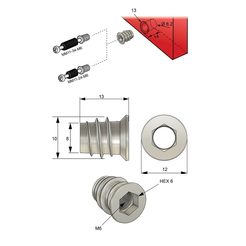 M6 threaded insert 10x13mm - Zinc 100 pcs