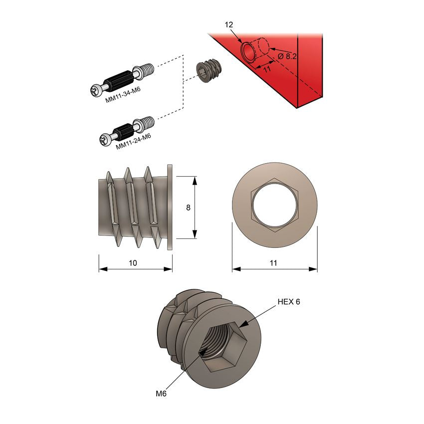 M6 threaded insert 8x10mm - 1000 pcs