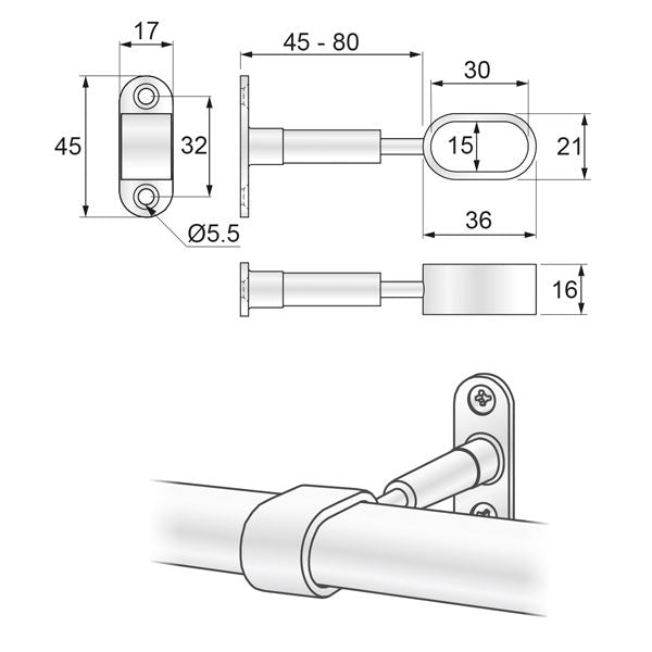Oval Bar Distance Bracket 15x30mm, Chrome