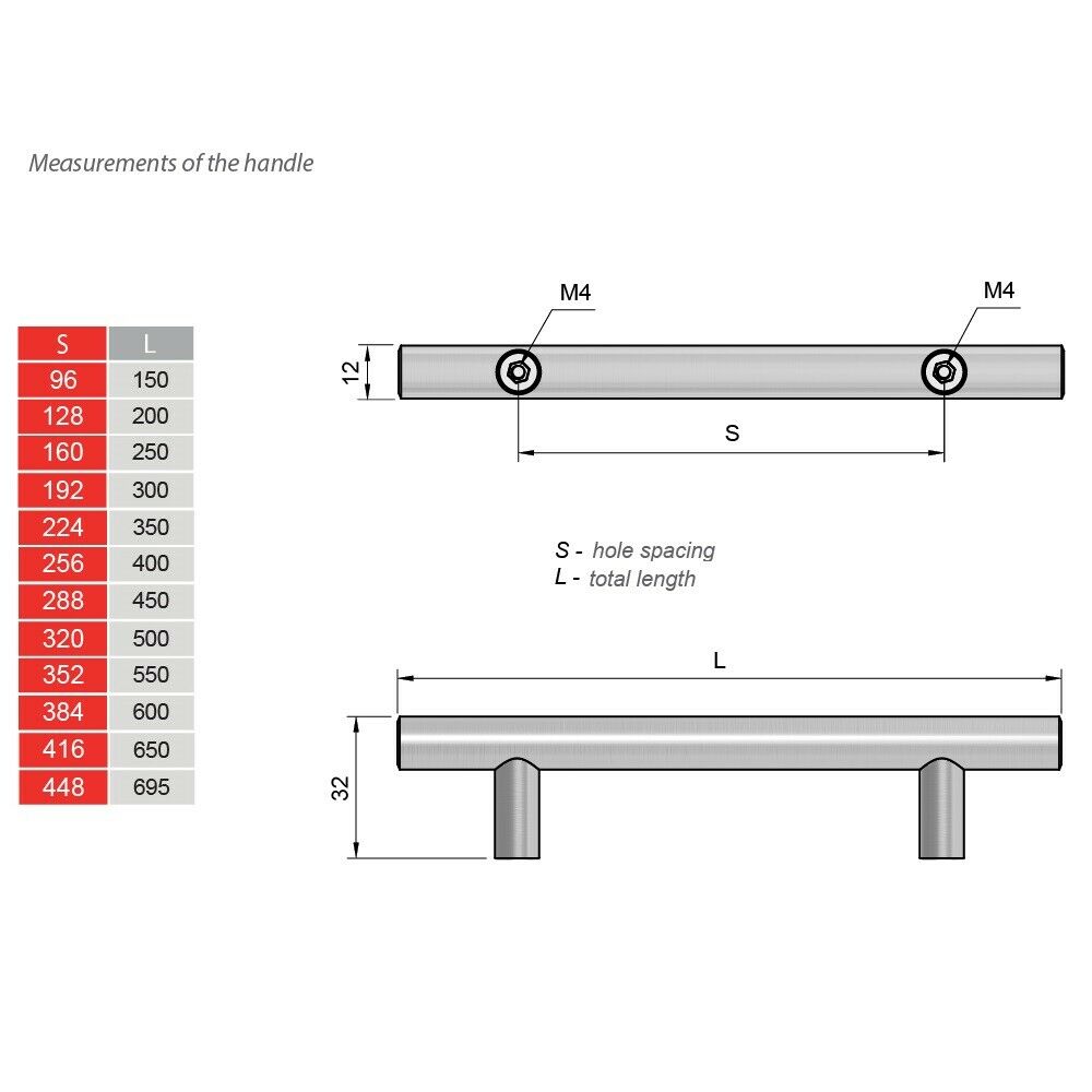 T-Bar Furniture Pull Handle 128mm (200mm total length) Brushed Steel/Nickel