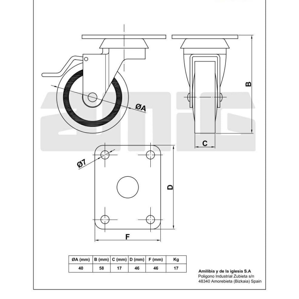 Rubber castor wheel with brake Ø40mm