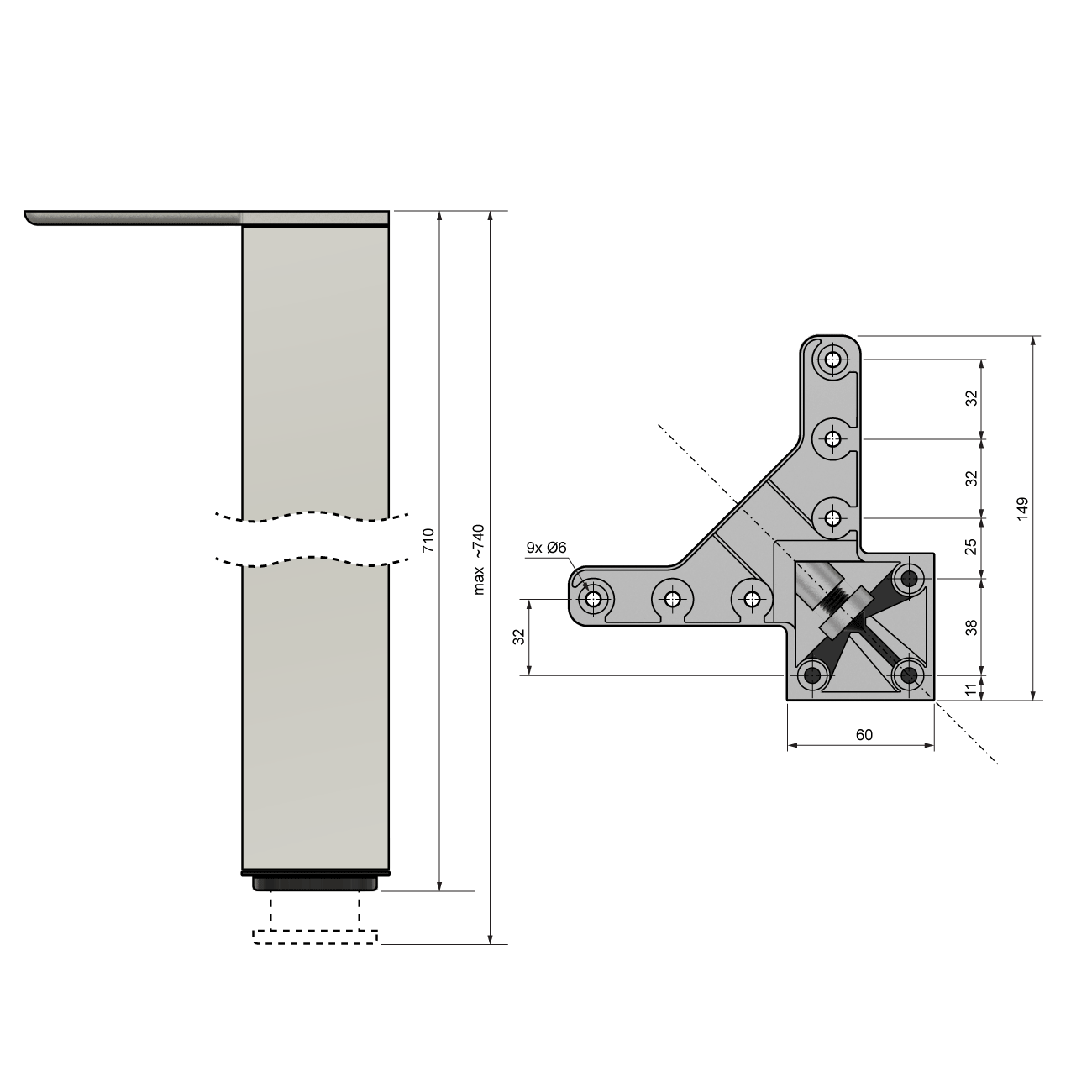 Square Furniture Leg 710mm, Chrome, ZnAl Mounting Plate Furnica