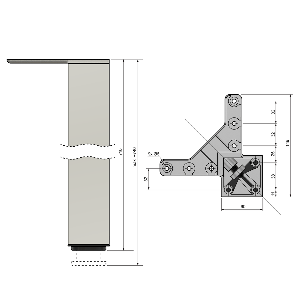 Square Furniture Leg 710mm, Chrome, ZnAl Mounting Plate