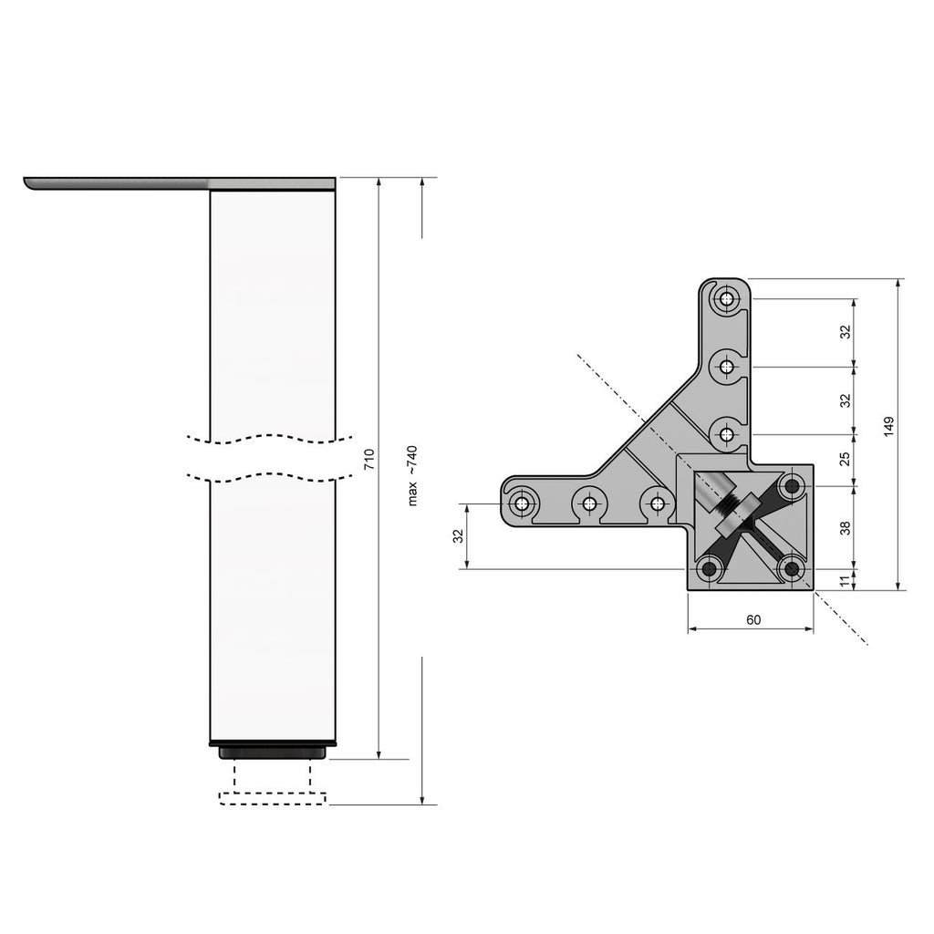 Square Furniture Leg 710mm, White, ZnAl Mounting Plate