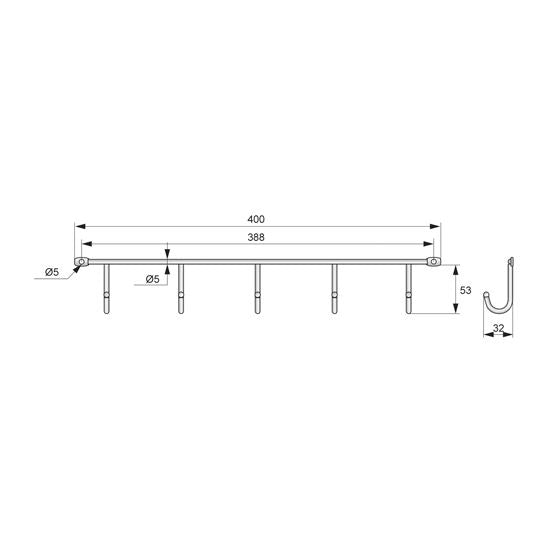 Wall mounted clothes rail L=400mm, 5 Hooks NTP