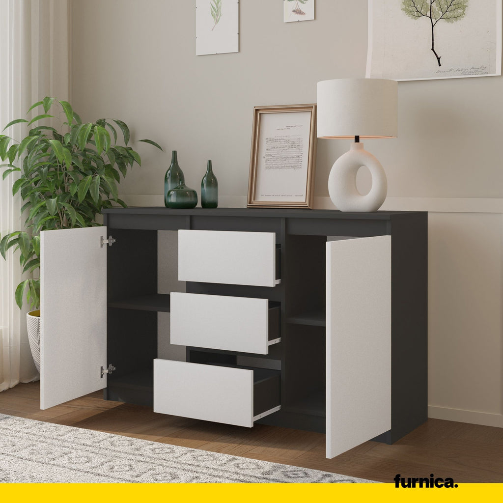 MIKEL - Chest of 3 Drawers and 2 Doors - Bedroom Dresser Storage Cabinet Sideboard - Anthracite / White Matt H75cm W120cm D35cm