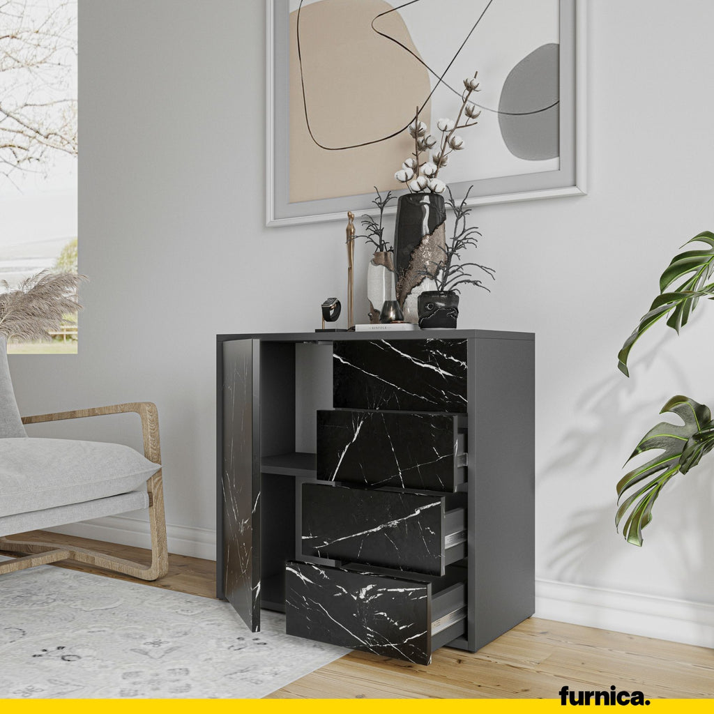 CAMILLE - Push to Open Sideboard with Door and 4 Drawers - Anthracite / Black Marble H74cm W80cm D36cm