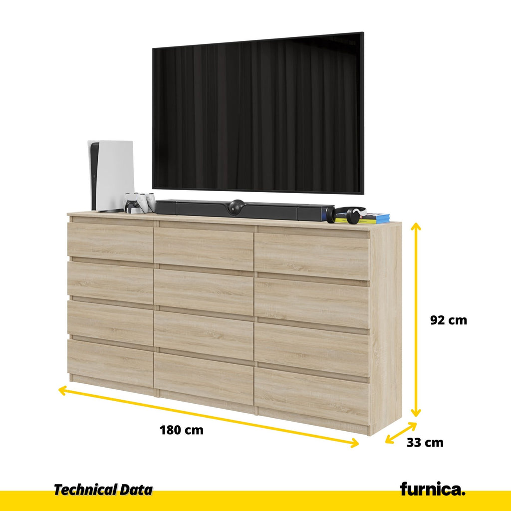 GABRIEL - Chest of 12 Drawers (8+4) - Bedroom Dresser Storage Cabinet Sideboard - Sonoma Oak H92cm W180cm D33cm
