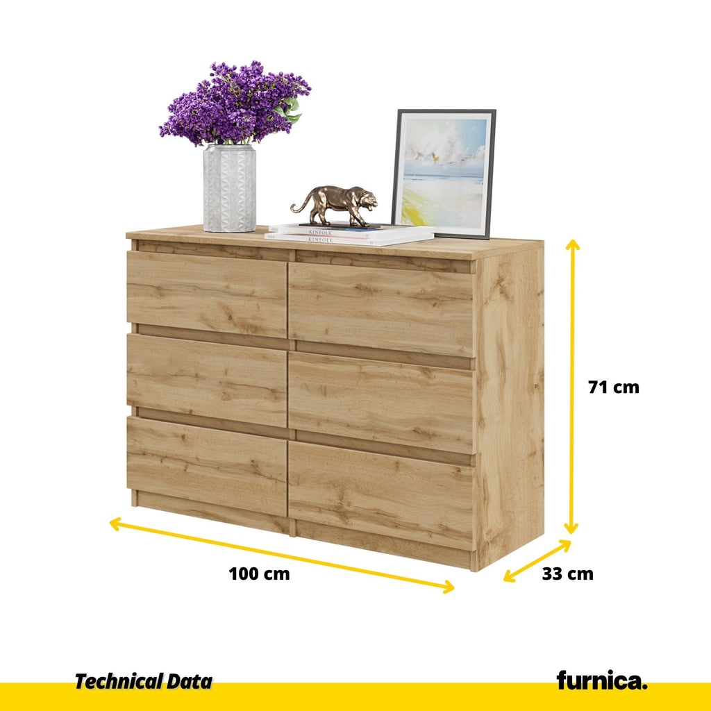 GABRIEL - Chest of 6 Drawers - Bedroom Dresser Storage Cabinet Sideboard - Wotan Oak H71cm W100cm D33cm