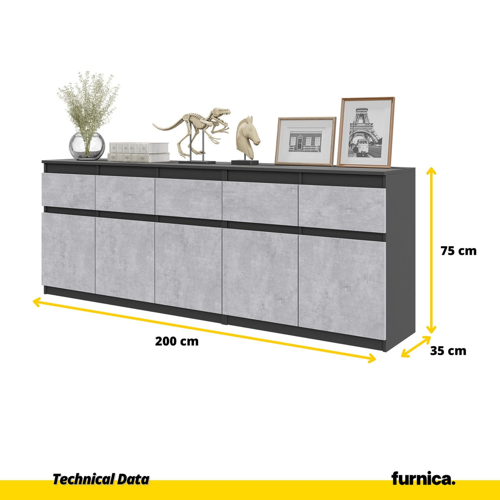 NOAH - Chest of 5 Drawers and 5 Doors - Bedroom Dresser Storage Cabinet Sideboard - Anthracite / Concrete  H75cm W200cm D35cm