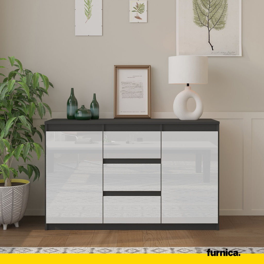 MIKEL - Chest of 3 Drawers and 2 Doors - Bedroom Dresser Storage Cabinet Sideboard - Anthracite / White Gloss H75cm W120cm D35cm