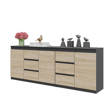 MIKEL - Chest of 6 Drawers and 3 Doors - Bedroom Dresser Storage Cabinet Sideboard - Anthracite / Sonoma Oak H75cm W200cm D35cm