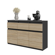 NOAH - Chest of 3 Drawers and 3 Doors - Bedroom Dresser Storage Cabinet Sideboard - Anthracite / Sonoma Oak H75cm W120cm D35cm