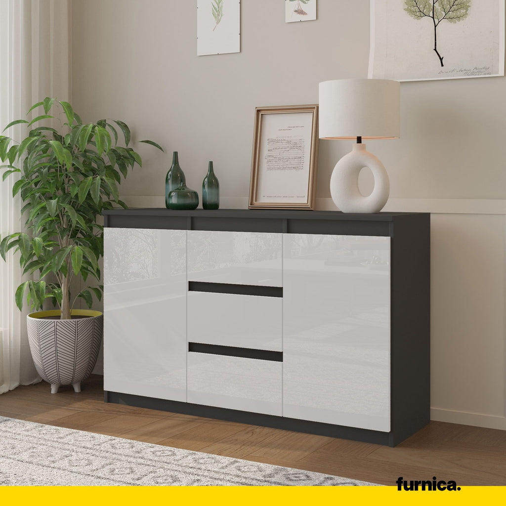 MIKEL - Chest of 3 Drawers and 2 Doors - Bedroom Dresser Storage Cabinet Sideboard - Anthracite / White Gloss H75cm W120cm D35cm