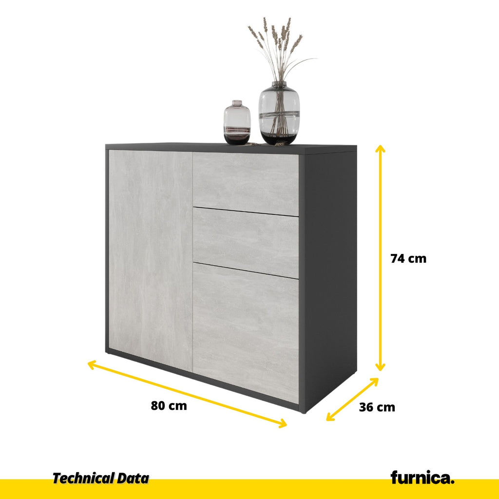 CAMILLE - Push to Open Sideboard with 2 Doors and 2 Drawers - Anthracite / Concrete H74cm W80cm D36cm