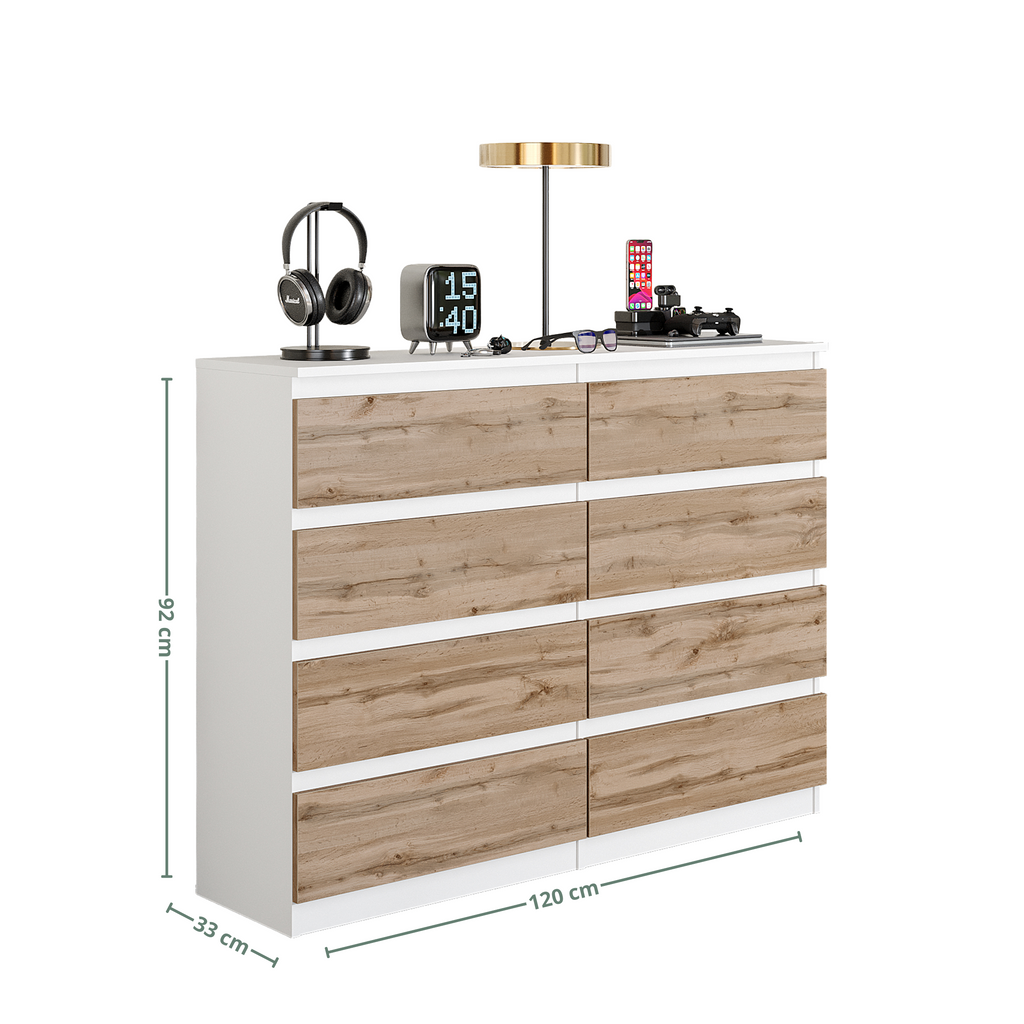 GABRIEL - Chest of 8 Drawers - Bedroom Dresser Storage Cabinet Sideboard - White Matt / Wotan Oak H92cm W120cm D33cm