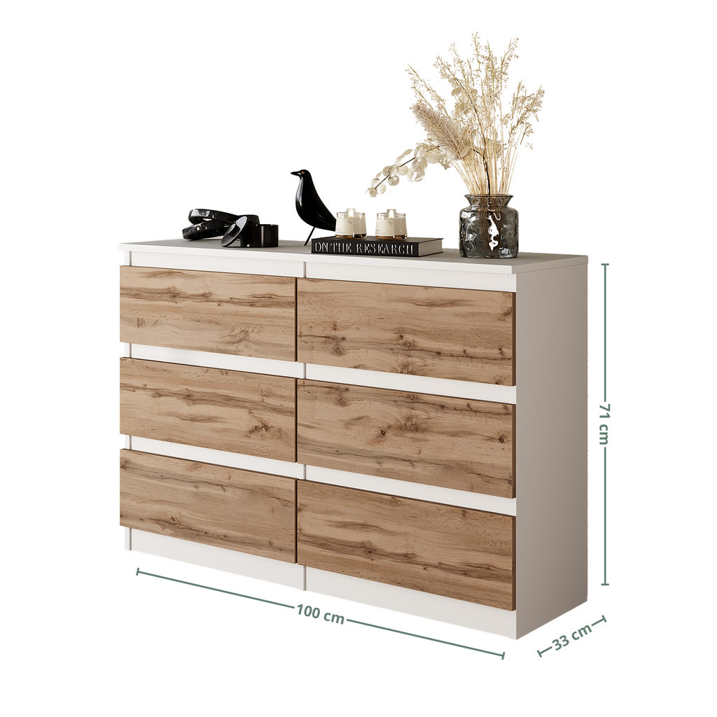 GABRIEL - Chest of 6 Drawers - Bedroom Dresser Storage Cabinet Sideboard - White Matt / Wotan Oak H71cm W100cm D33cm