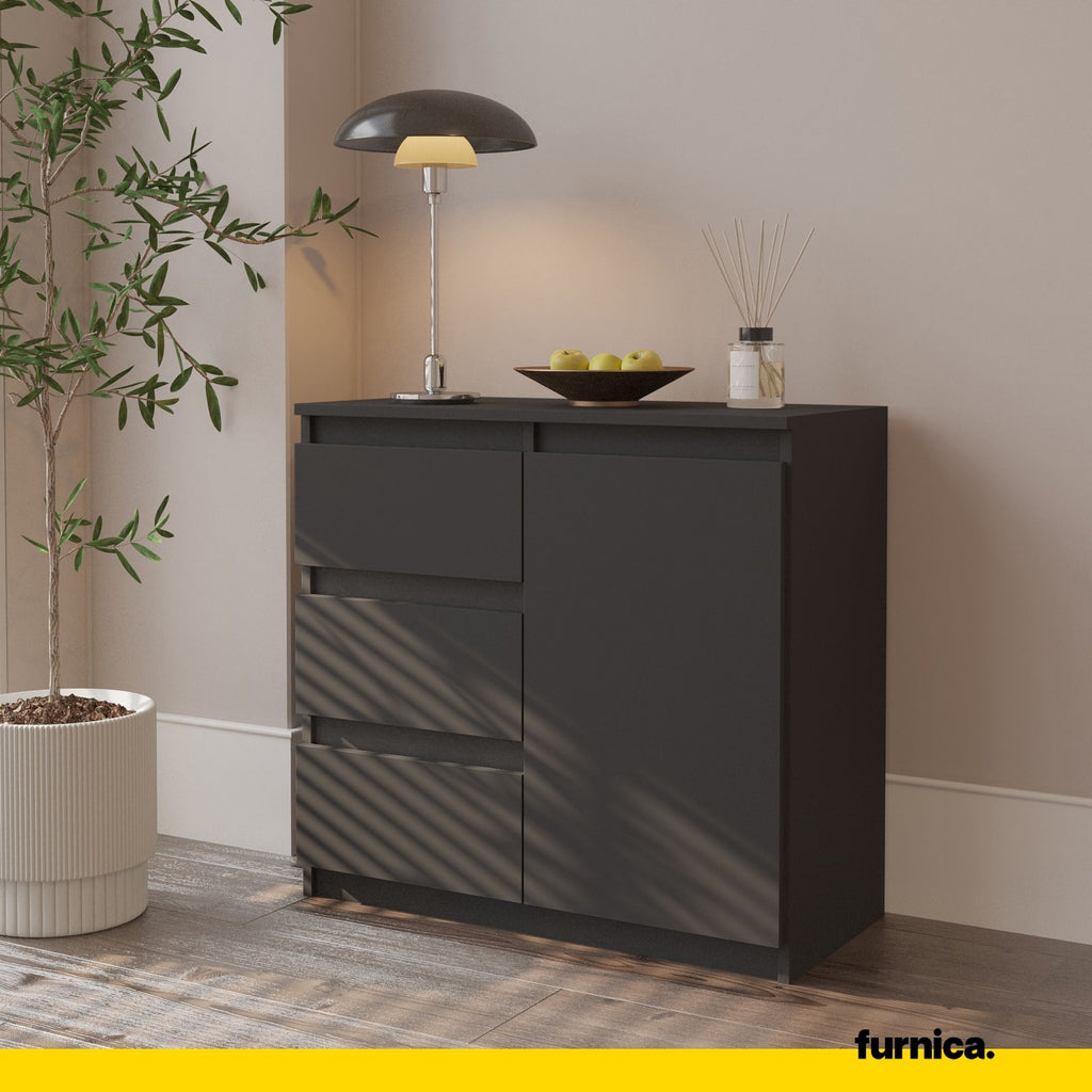 MIKEL - Chest of 3 Drawers and 1 Door - Bedroom Dresser Storage Cabinet Sideboard - Anthracite H75cm W80cm D35cm