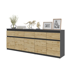 NOAH - Chest of 5 Drawers and 5 Doors - Bedroom Dresser Storage Cabinet Sideboard - Anthracite / Wotan Oak  H75cm W200cm D35cm
