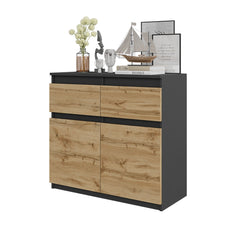 NOAH - Chest of 2 Drawers and 2 Doors - Bedroom Dresser Storage Cabinet Sideboard - Anthracite / Wotan Oak H75cm W80cm D35cm