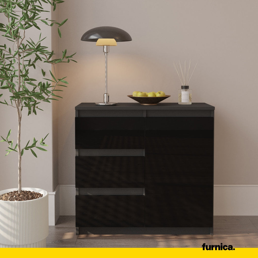 MIKEL - Chest of 3 Drawers and 1 Door - Bedroom Dresser Storage Cabinet Sideboard - Anthracite / Black Gloss H75cm W80cm D35cm
