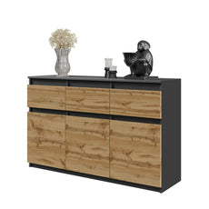 NOAH - Chest of 3 Drawers and 3 Doors - Bedroom Dresser Storage Cabinet Sideboard - Anthracite / Wotan Oak H75cm W120cm D35cm