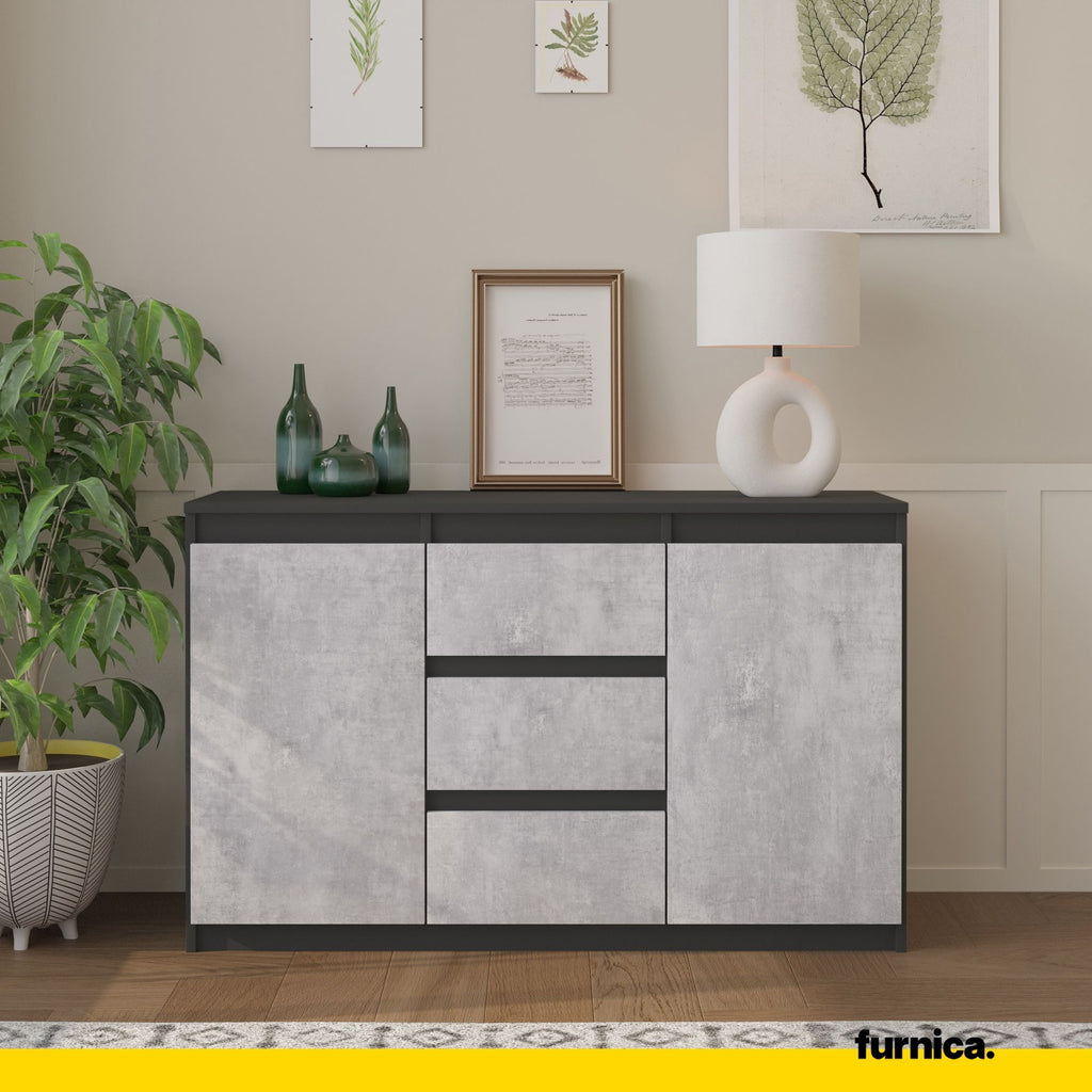 MIKEL - Chest of 3 Drawers and 2 Doors - Bedroom Dresser Storage Cabinet Sideboard - Anthracite / Concrete H75cm W120cm D35cm