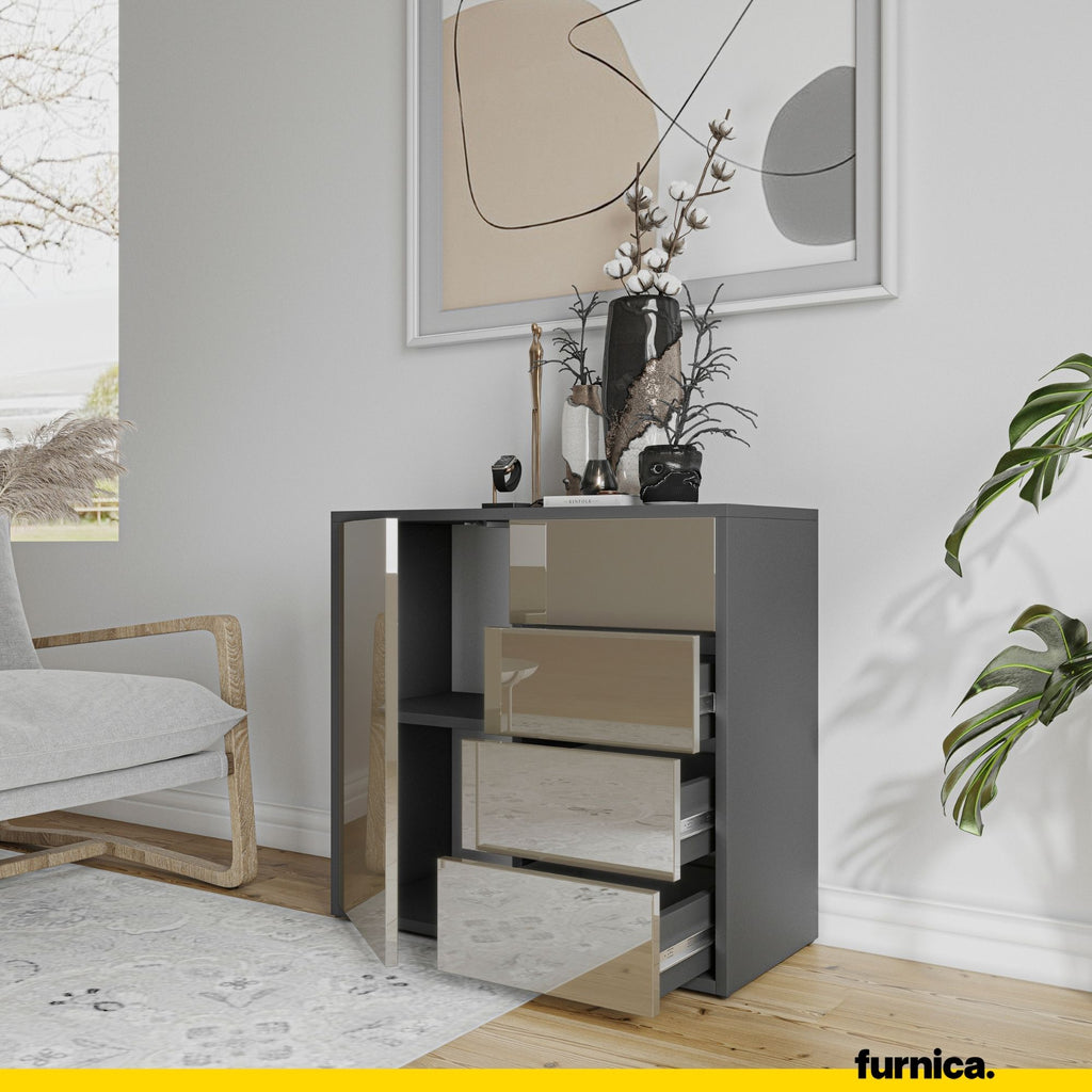 CAMILLE - Push to Open Sideboard with Door and 4 Drawers - Anthracite / Cappuccino Gloss H74cm W80cm D36cm