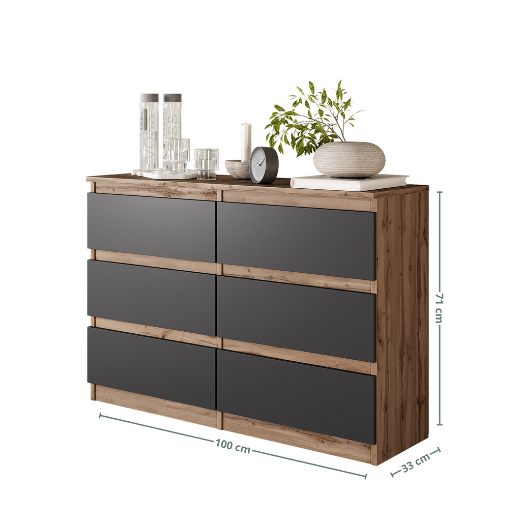 GABRIEL - Chest of 6 Drawers - Bedroom Dresser Storage Cabinet Sideboard - Wotan Oak / Anthracite H71cm W100cm D33cm