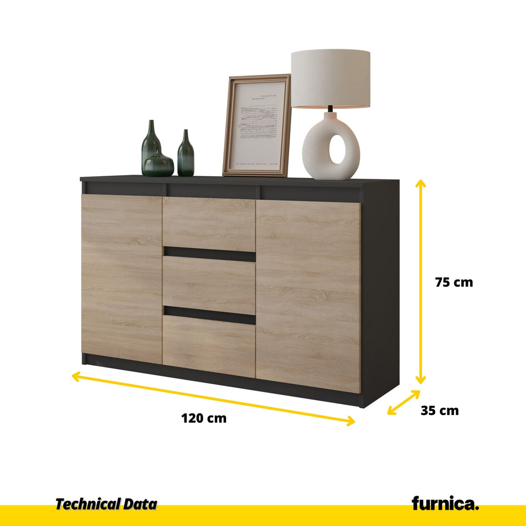 MIKEL - Chest of 3 Drawers and 2 Doors - Bedroom Dresser Storage Cabinet Sideboard - Anthracite / Sonoma Oak H75cm W120cm D35cm