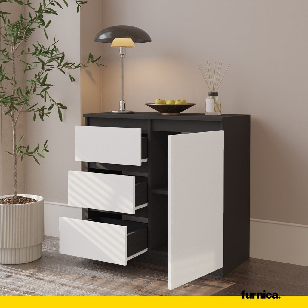 MIKEL - Chest of 3 Drawers and 1 Door - Bedroom Dresser Storage Cabinet Sideboard - Anthracite / White Matt H75cm W80cm D35cm