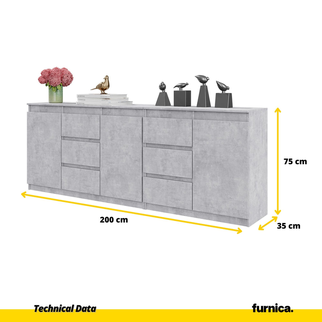 MIKEL - Chest of 6 Drawers and 3 Doors - Bedroom Dresser Storage Cabinet Sideboard - Concrete  H75cm W200cm D35cm