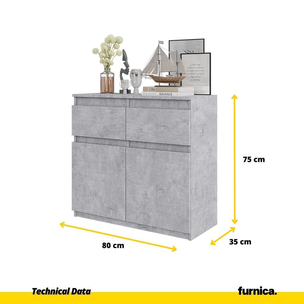 NOAH - Chest of 2 Drawers and 2 Doors - Bedroom Dresser Storage Cabinet Sideboard - Concrete H75cm W80cm D35cm