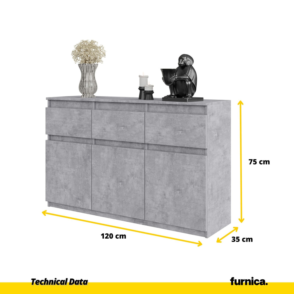 NOAH - Chest of 3 Drawers and 3 Doors - Bedroom Dresser Storage Cabinet Sideboard - Concrete H75cm W120cm D35cm