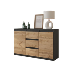 MIKEL - Chest of 3 Drawers and 2 Doors - Bedroom Dresser Storage Cabinet Sideboard - Anthracite / Wotan Oak H75cm W120cm D35cm