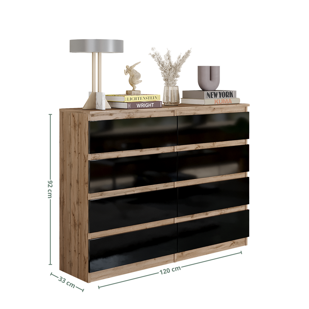 GABRIEL - Chest of 8 Drawers - Bedroom Dresser Storage Cabinet Sideboard - Wotan Oak / Black Gloss H92cm W120cm D33cm