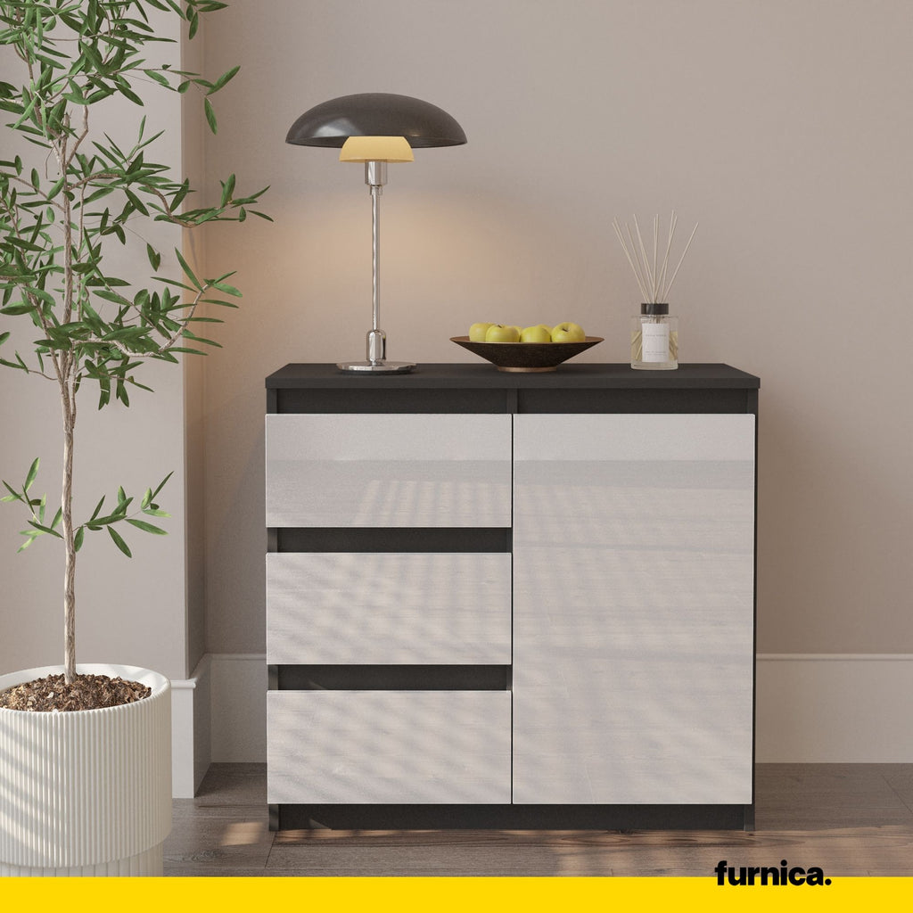 MIKEL - Chest of 3 Drawers and 1 Door - Bedroom Dresser Storage Cabinet Sideboard - Anthracite / White Gloss H75cm W80cm D35cm