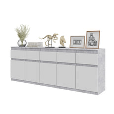 NOAH - Chest of 5 Drawers and 5 Doors - Bedroom Dresser Storage Cabinet Sideboard - Concrete / White Matt  H75cm W200cm D35cm