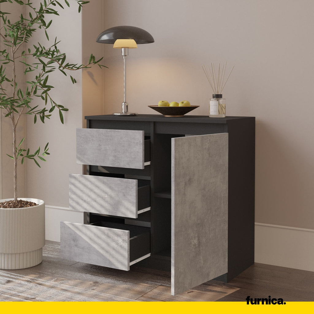 MIKEL - Chest of 3 Drawers and 1 Door - Bedroom Dresser Storage Cabinet Sideboard - Anthracite / Concrete H75cm W80cm D35cm