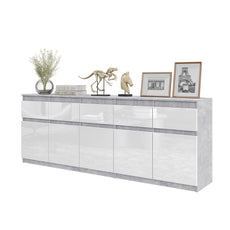 NOAH - Chest of 5 Drawers and 5 Doors - Bedroom Dresser Storage Cabinet Sideboard - Concrete / White Gloss  H75cm W200cm D35cm