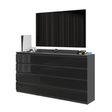 GABRIEL - Chest of 12 Drawers (8+4) - Bedroom Dresser Storage Cabinet Sideboard - Anthracite / Black Gloss H92cm W180cm D33cm