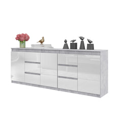 MIKEL - Chest of 6 Drawers and 3 Doors - Bedroom Dresser Storage Cabinet Sideboard - Concrete / White Gloss H75cm W200cm D35cm