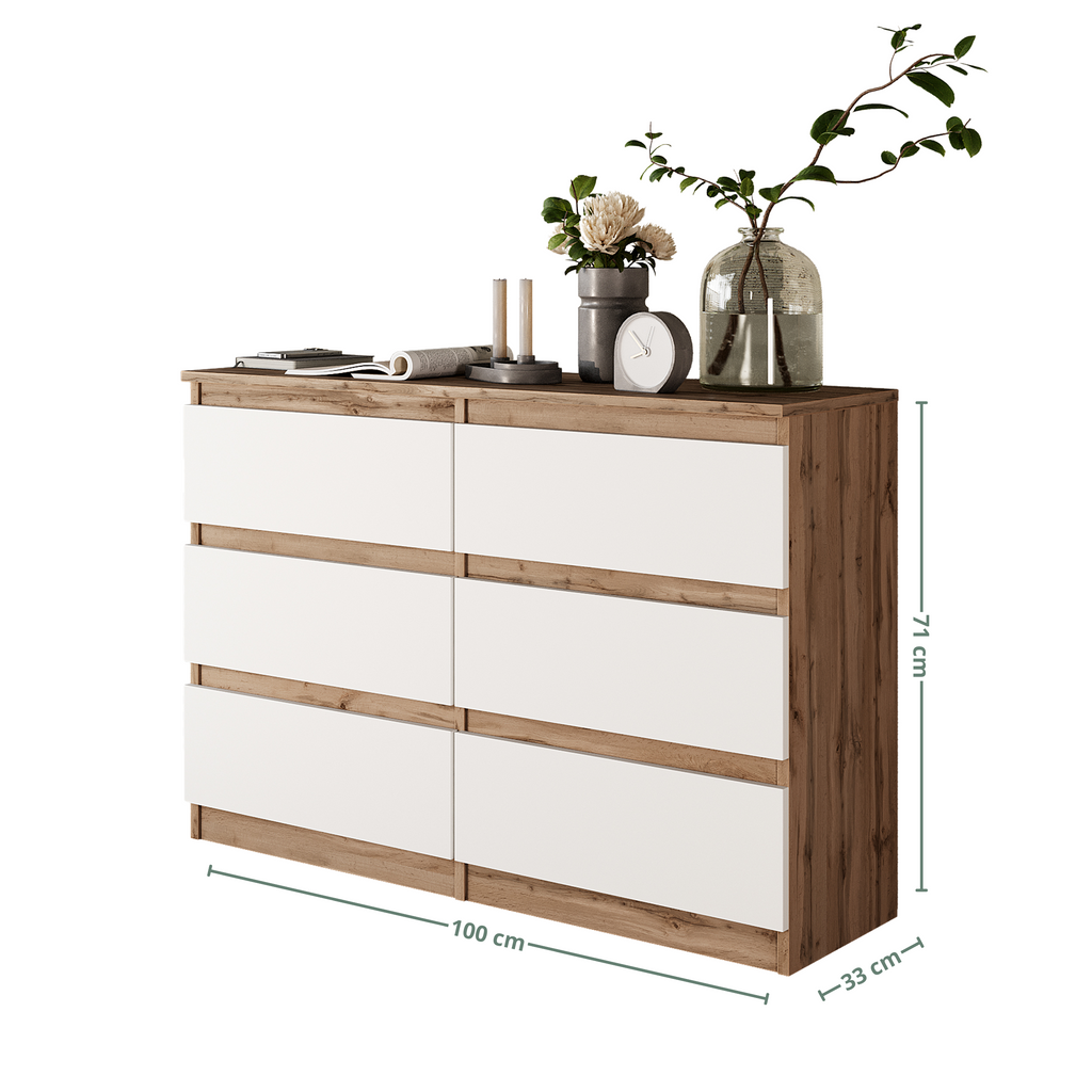 GABRIEL - Chest of 6 Drawers - Bedroom Dresser Storage Cabinet Sideboard - Wotan Oak / White Matt H71cm W100cm D33cm
