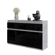 NOAH - Chest of 3 Drawers and 3 Doors - Bedroom Dresser Storage Cabinet Sideboard - Concrete / Black Gloss H75cm W120cm D35cm