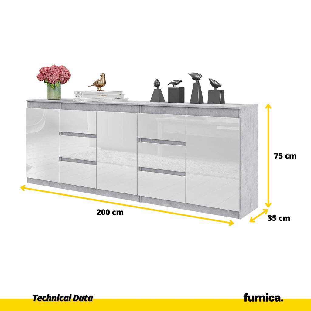 MIKEL - Chest of 6 Drawers and 3 Doors - Bedroom Dresser Storage Cabinet Sideboard - Concrete / White Gloss H75cm W200cm D35cm