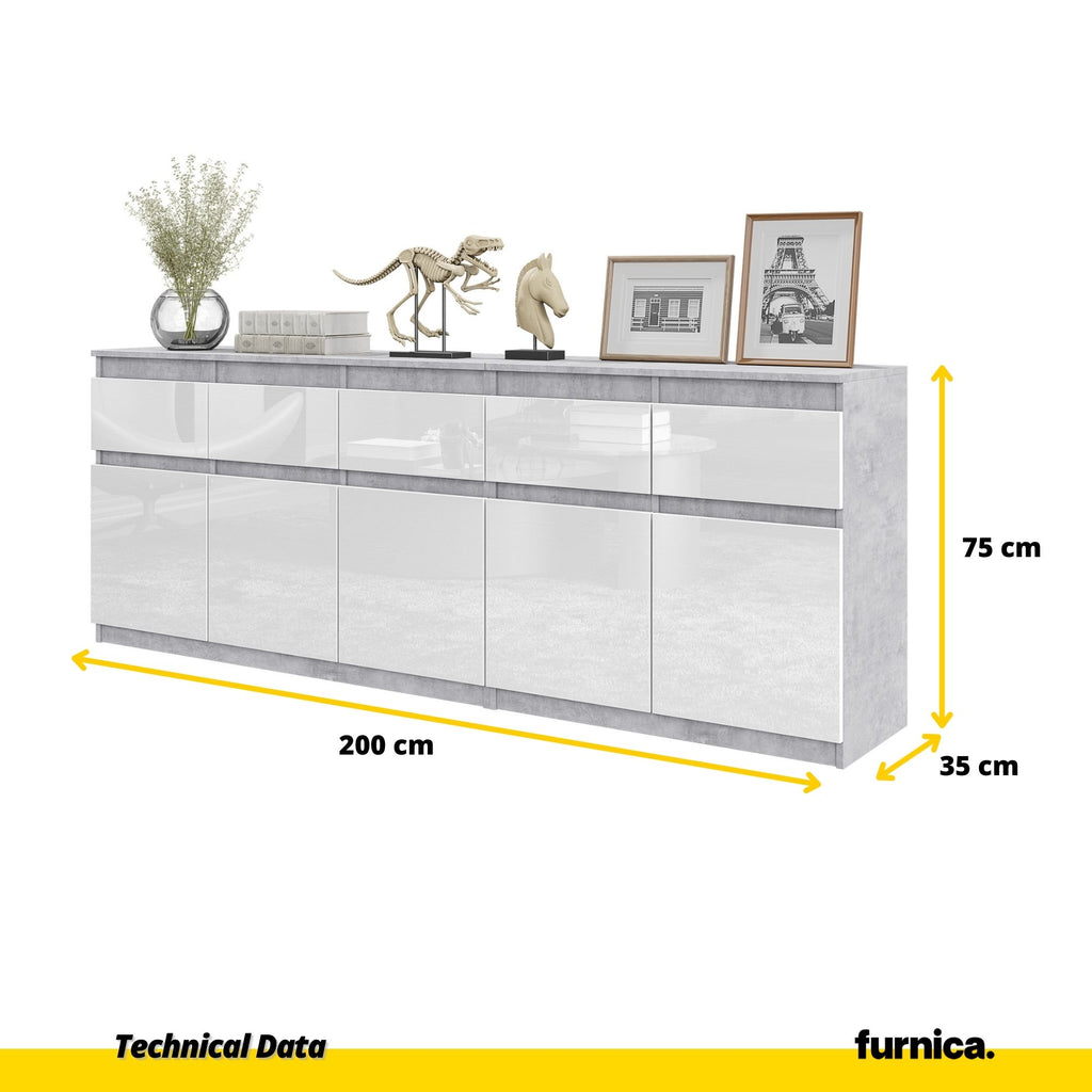 NOAH - Chest of 5 Drawers and 5 Doors - Bedroom Dresser Storage Cabinet Sideboard - Concrete / White Gloss  H75cm W200cm D35cm