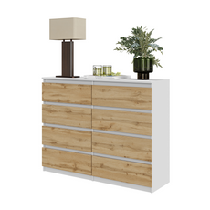 GABRIEL - Chest of 8 Drawers - Bedroom Dresser Storage Cabinet Sideboard - White Matt / Wotan Oak H92cm W120cm D33cm